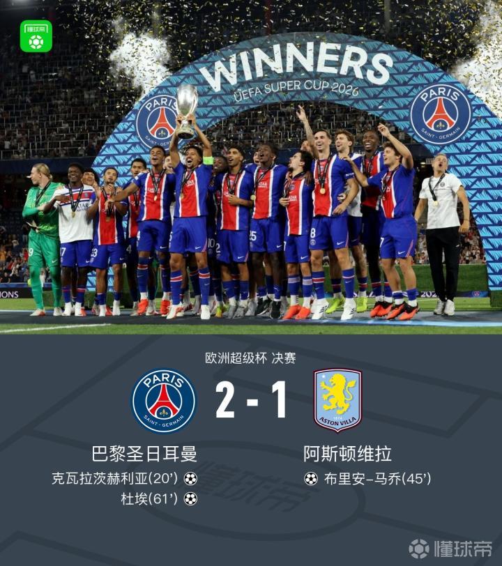 巴黎2-1维拉卫冕欧超杯,KK破门,杜埃传射,马乔破门难救主