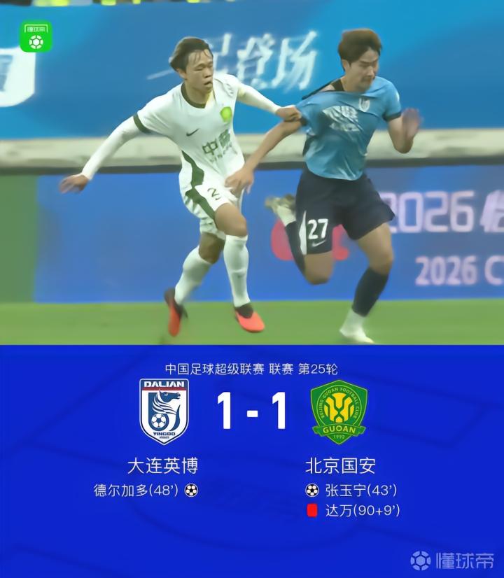 国安客场1-1战平大连英博，张玉宁头球破门，德尔加多世界波扳平