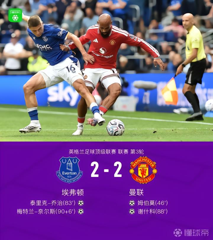 曼联客场2-2战平埃弗顿,姆伯莫与奈尔斯各有精彩进球